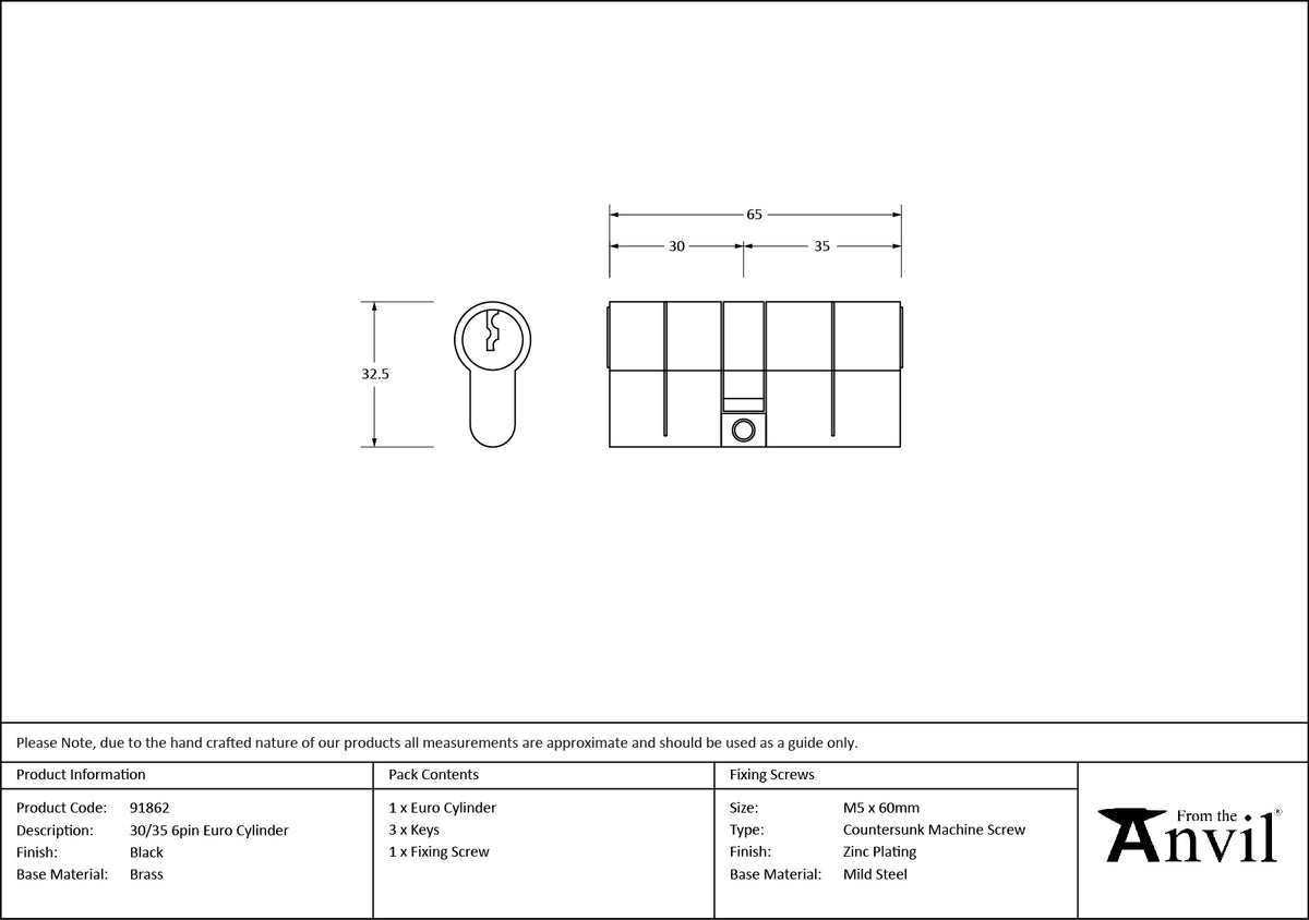 6PIN EURO CYLINDER DIFFER 30/35 BLK - 91862 by MARCHES (ANVIL) ARCHITECTURAL HARDWARE