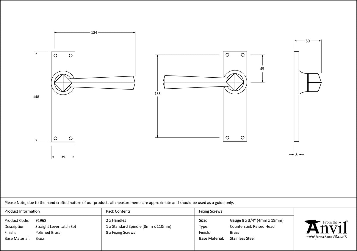 STRAIGHT LEVER HANDLE LATCH 124x148x50 PBR - 91968 by MARCHES (ANVIL) ARCHITECTURAL HARDWARE