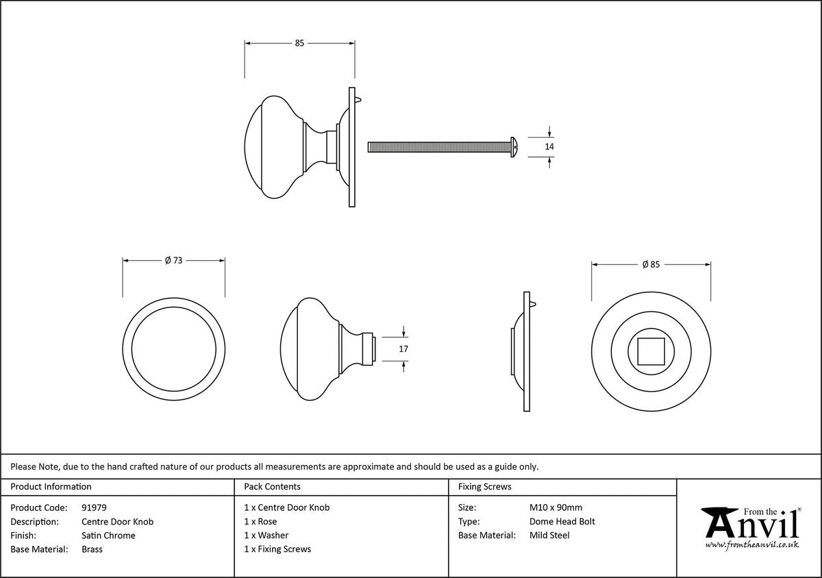 CENTRE DOOR KNOB 73x85x85 SCP - 91979 by MARCHES (ANVIL) ARCHITECTURAL HARDWARE