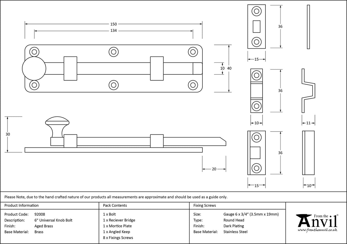 UNIVERSAL KNOB BOLT 150x40x30 AGBR - 92008 by MARCHES (ANVIL) ARCHITECTURAL HARDWARE