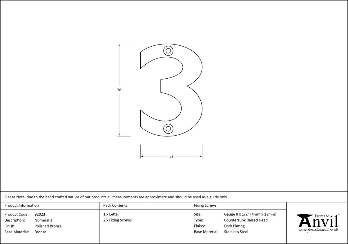 NUMERAL 3 78x52x8 PBZ - 92023 by MARCHES (ANVIL) ARCHITECTURAL HARDWARE