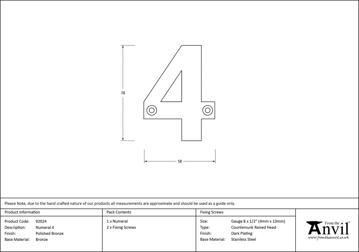 NUMERAL 4 78x58x8 PBZ - 92024 by MARCHES (ANVIL) ARCHITECTURAL HARDWARE