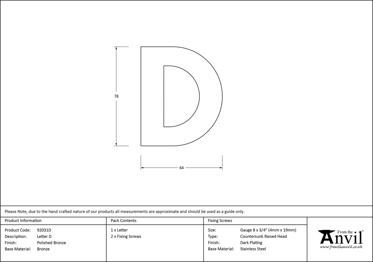 LETTER D 78x64x8 PBZ - 92031D by MARCHES (ANVIL) ARCHITECTURAL HARDWARE