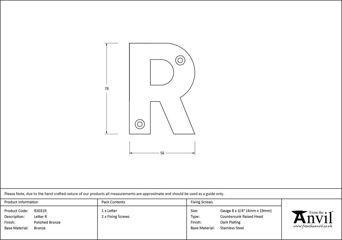 LETTER R 78x56x8 PBZ - 92031R by MARCHES (ANVIL) ARCHITECTURAL HARDWARE
