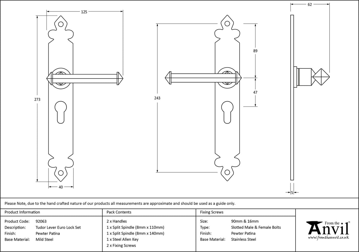 TUDOR LEVER HANDLE EURO 125x273x62 PEW - 92063 by MARCHES (ANVIL) ARCHITECTURAL HARDWARE