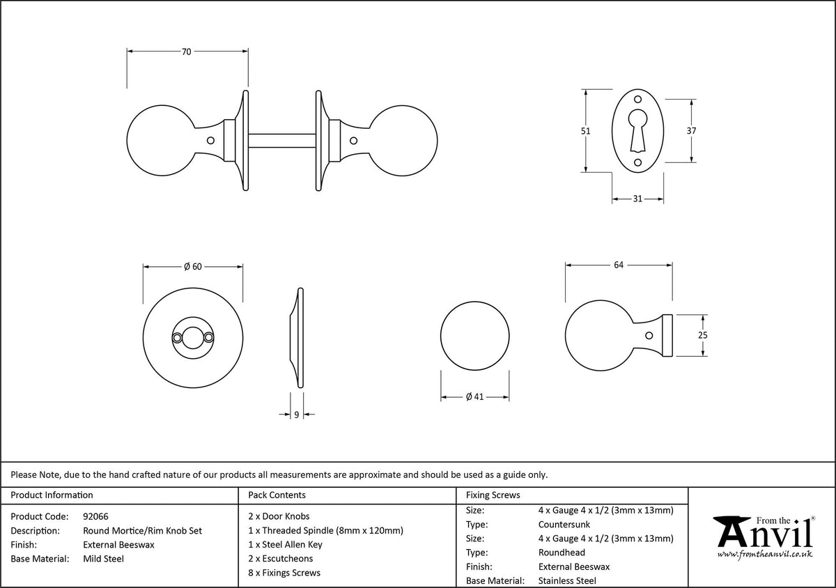 ROUND MORTICE/RIM KNOB 41x70x60 EBX - 92066 by MARCHES (ANVIL) ARCHITECTURAL HARDWARE