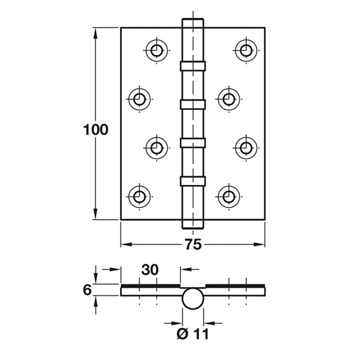 BUTT HINGE BB SQU INT 100x75x6 PCP