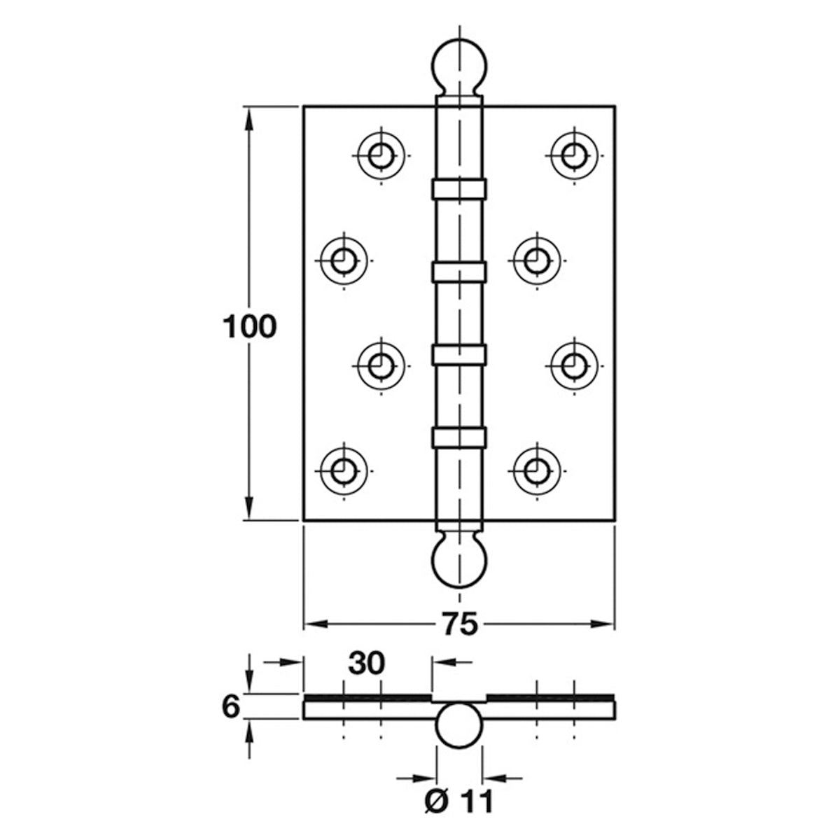 Ball Bearing Butt Hinge Ball Finial Intumescent 100x75x6mm Polished Brass