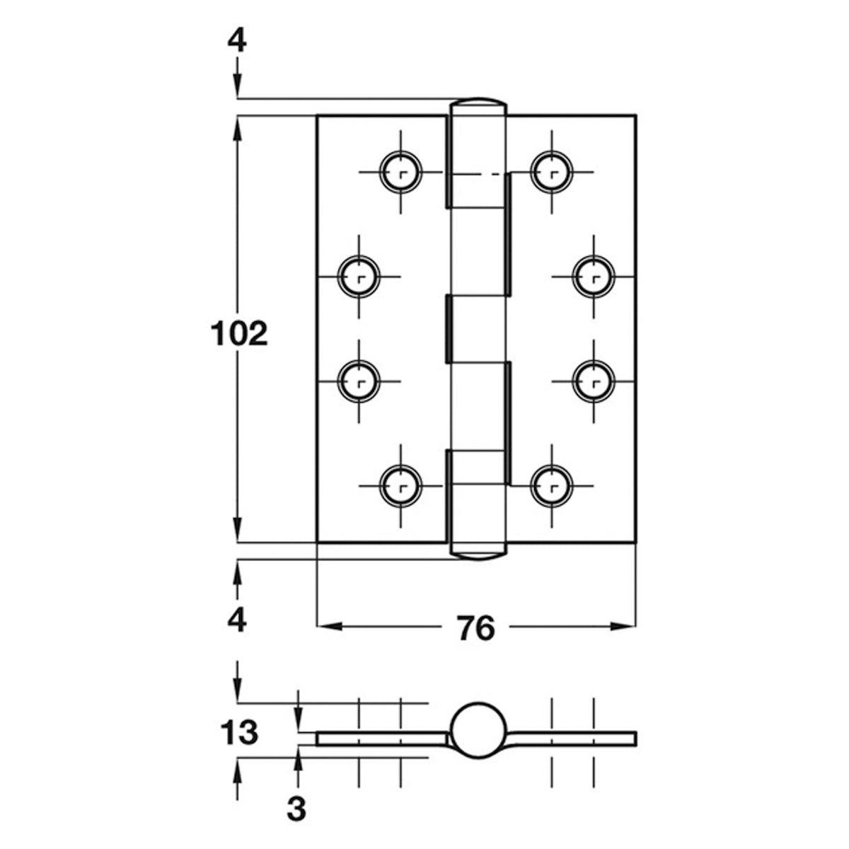 BUTT HINGE 2BB 80KG 102x76 ST/BLK