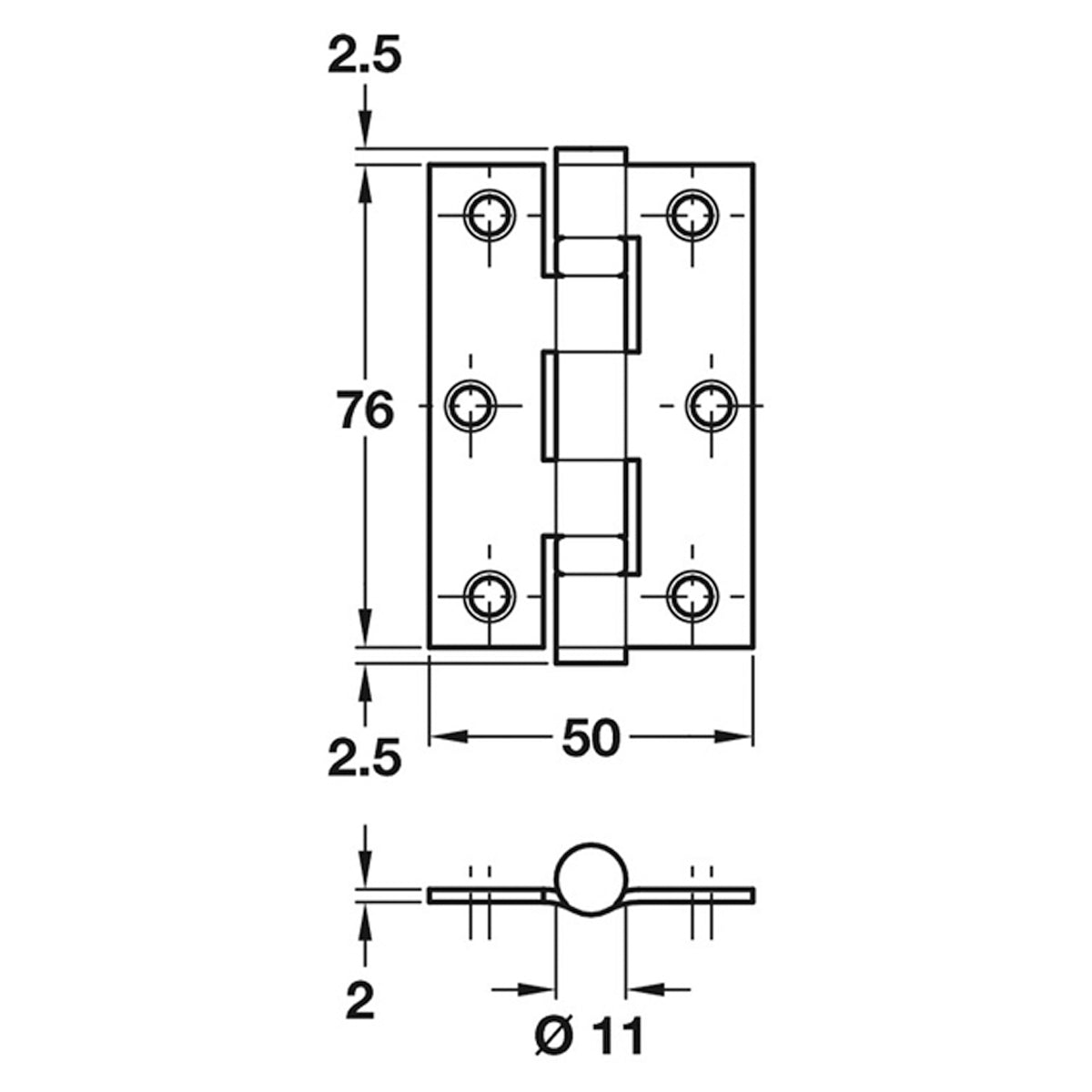 BUTT HINGE 2BB 40KG 76x52 ST/BLK