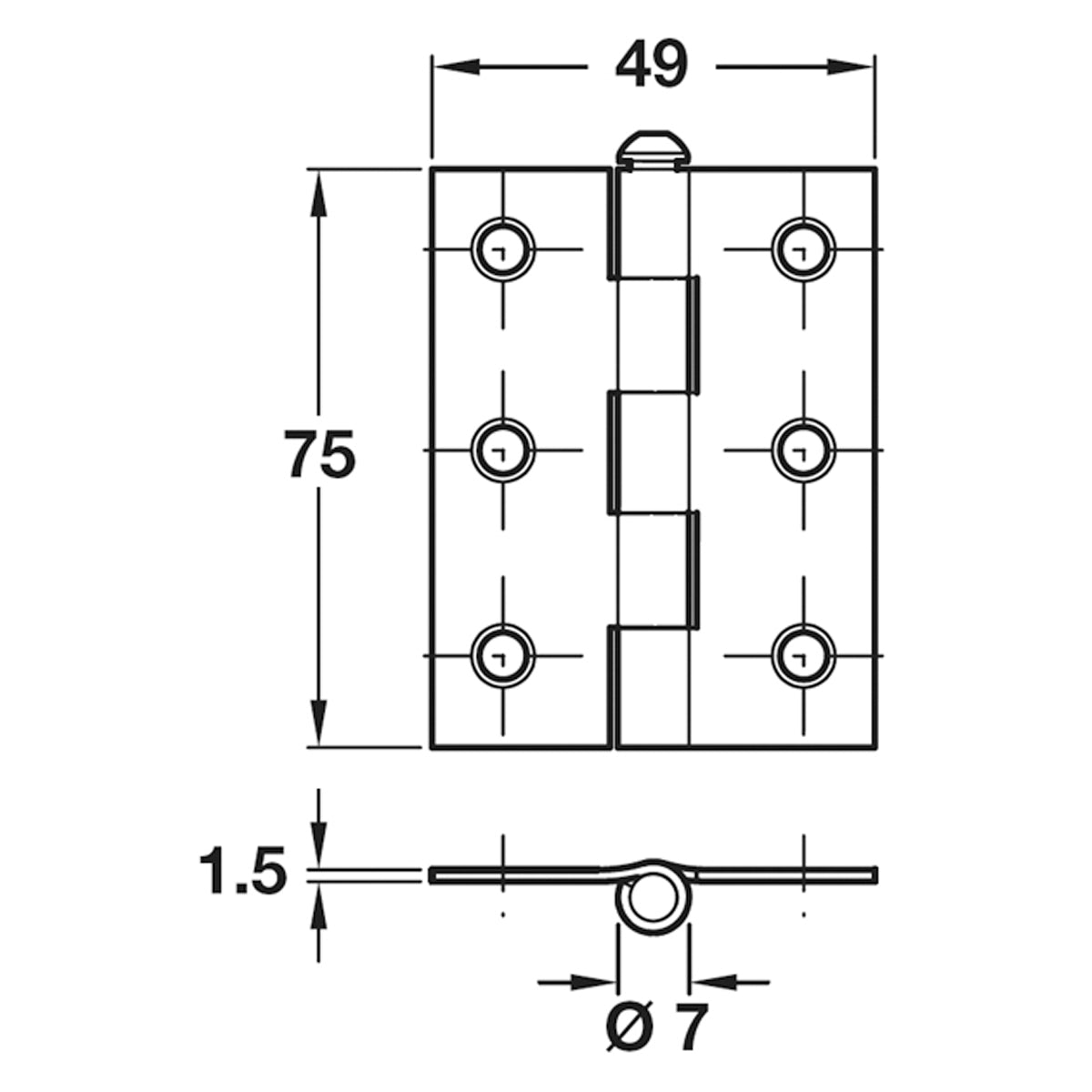 1840 BUTT HINGE 75x49x7 ST/PCP