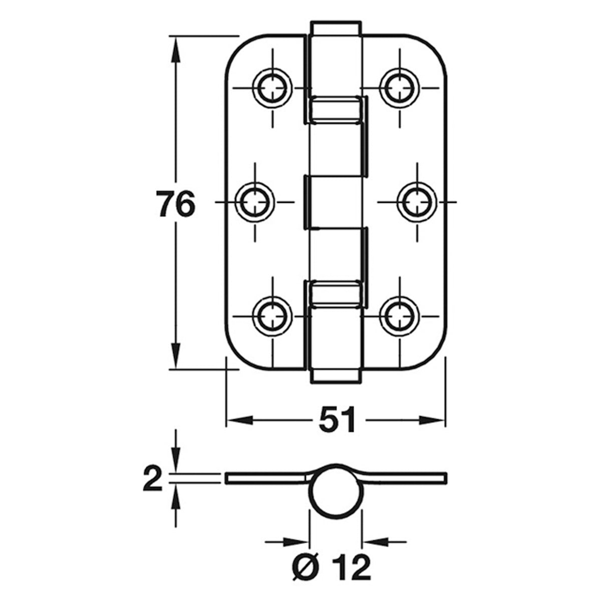 BUTT HINGE BB 76x51x12 RAD SSS