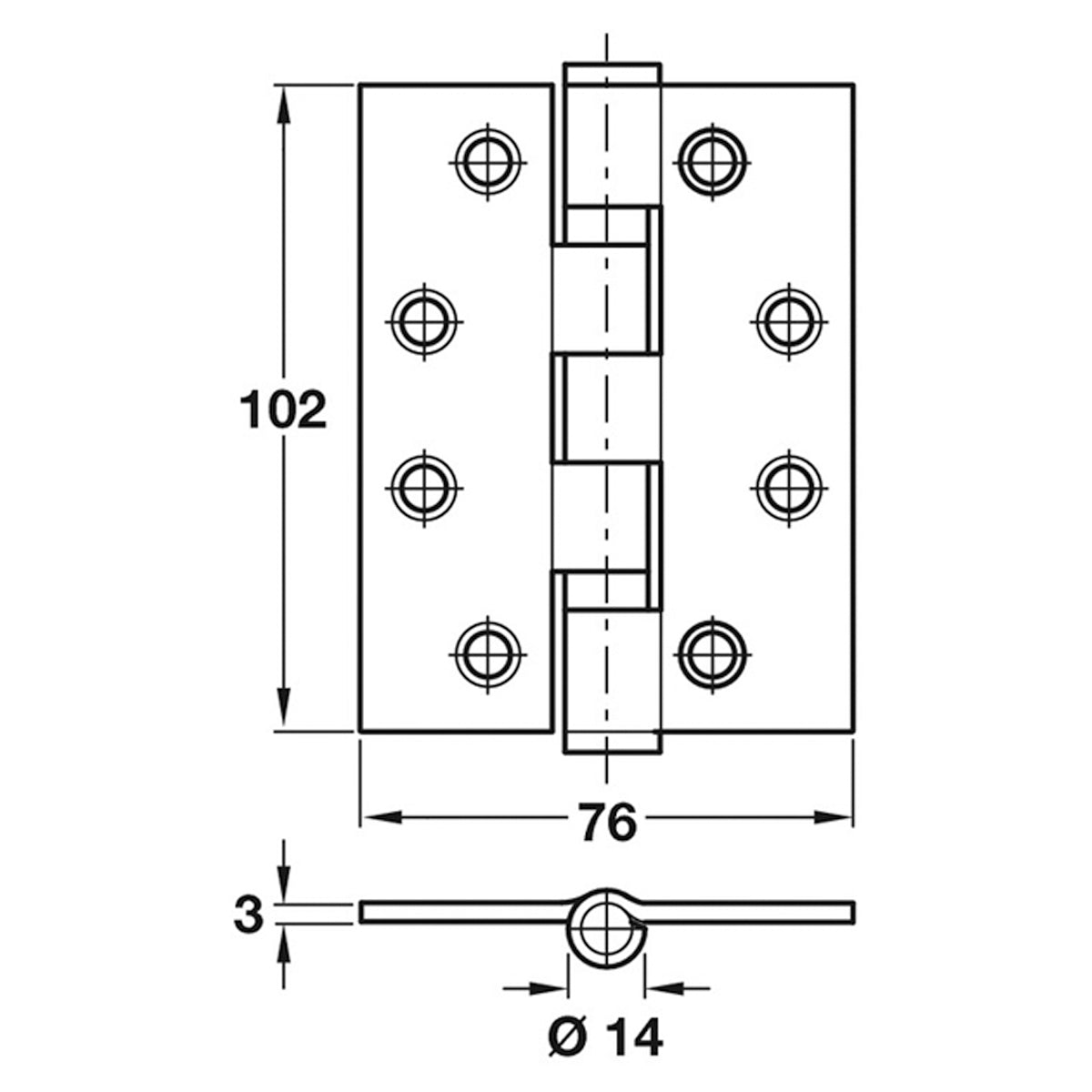 BUTT HINGE BB 102x76x14 SQU SSS
