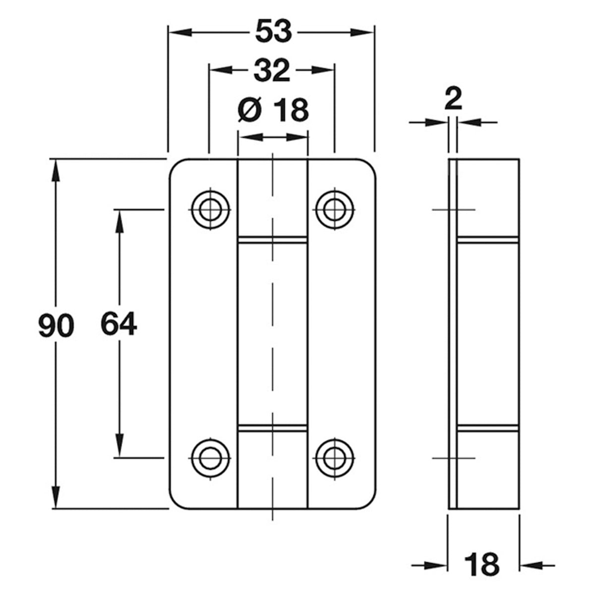 Board Partition Hinge Sprung Satin Stainless Steel 53x90x18mm