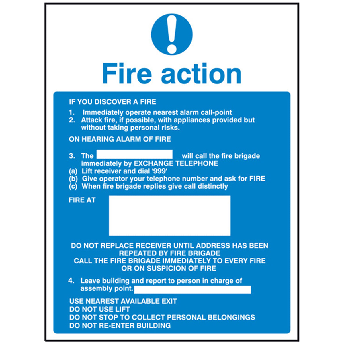 SIGN 'FIRE ACTION' 150x200x1 PL by HAFELE UK LTD