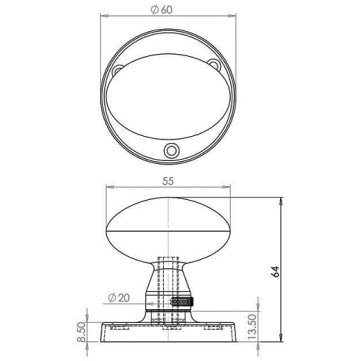 JEDO OVAL MORTICE KNOB D60x64x55 PCP JV34PC