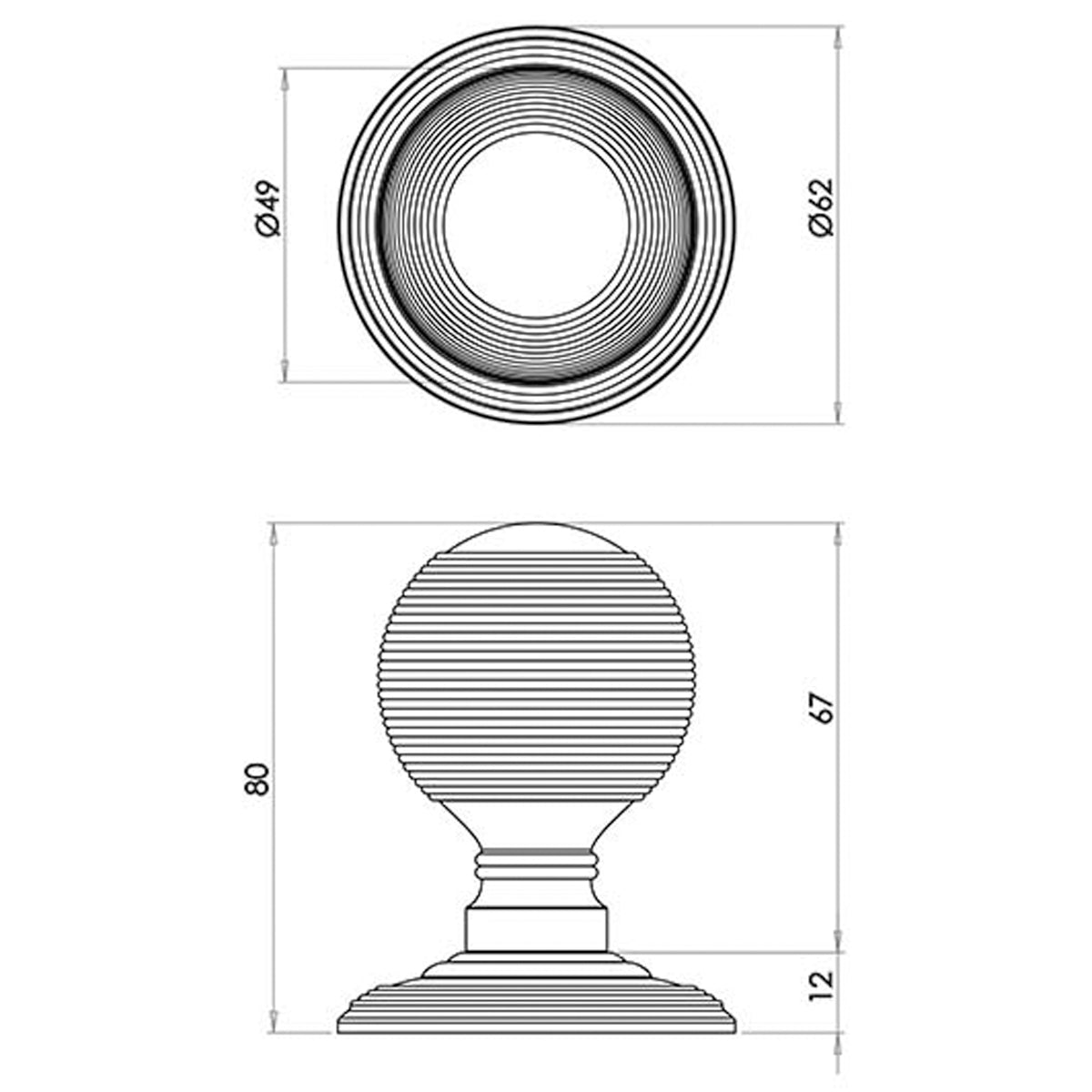JEDO REEDED MORTICE DOOR KNOB D62x80 ABR
