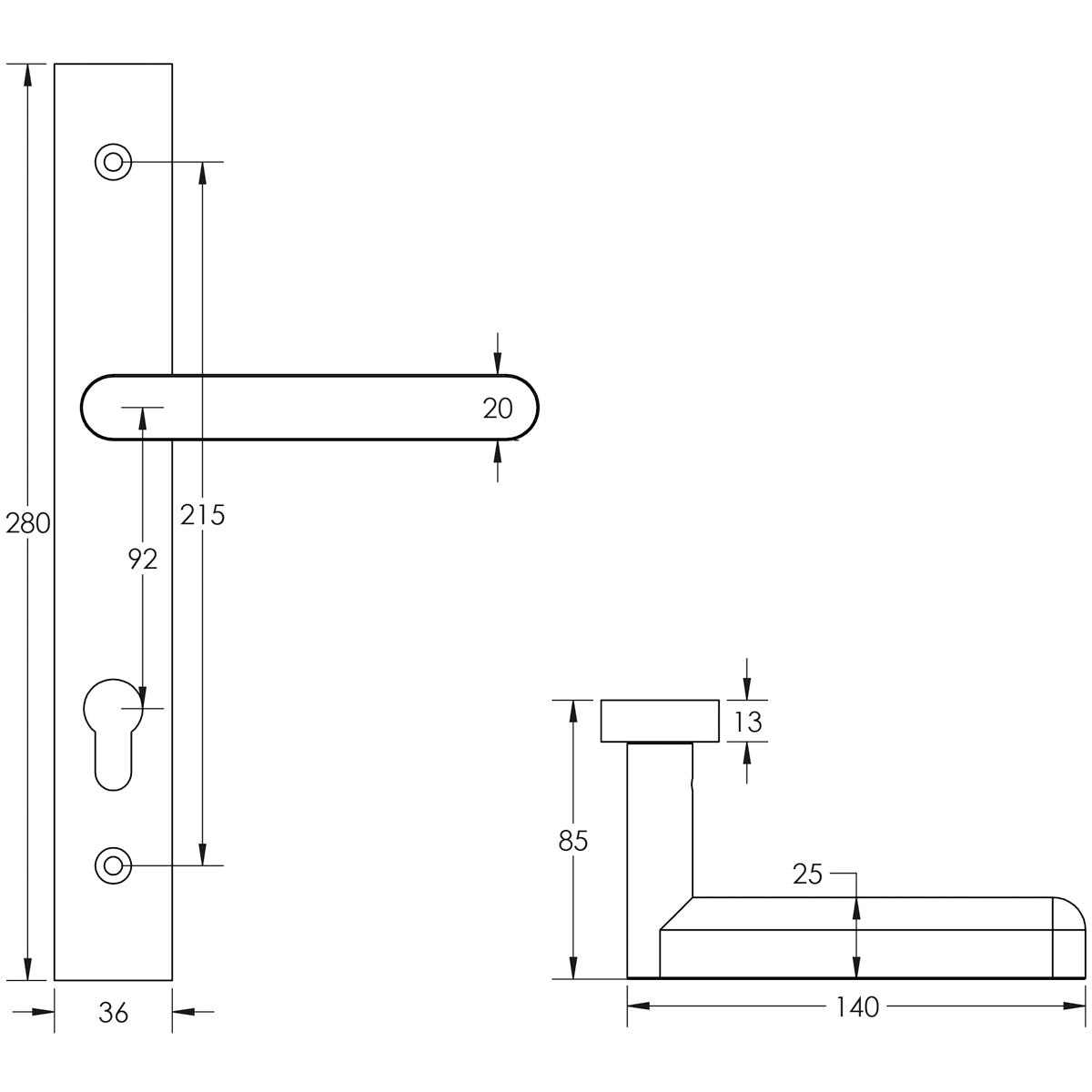 DOOR HANDLE BACKPLATE MULTI POINT 140x25x75 BLK