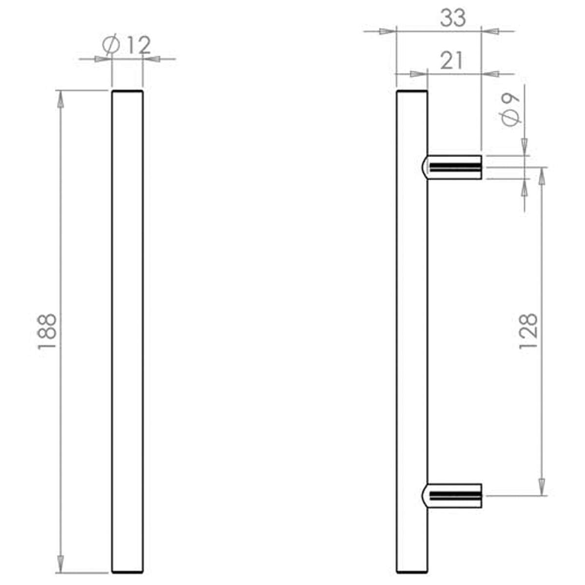 T BAR CABINET HANDLE 128HC D12x188x33 SSS