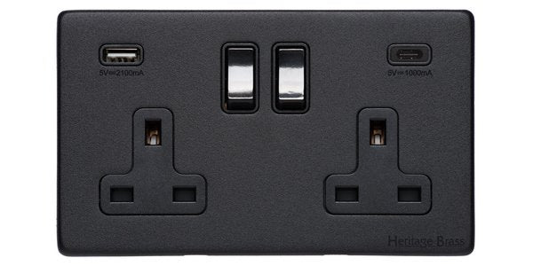 VINTAGE RANGE Double Socket with USB-A+C Matt Black by M MARCUS LTD