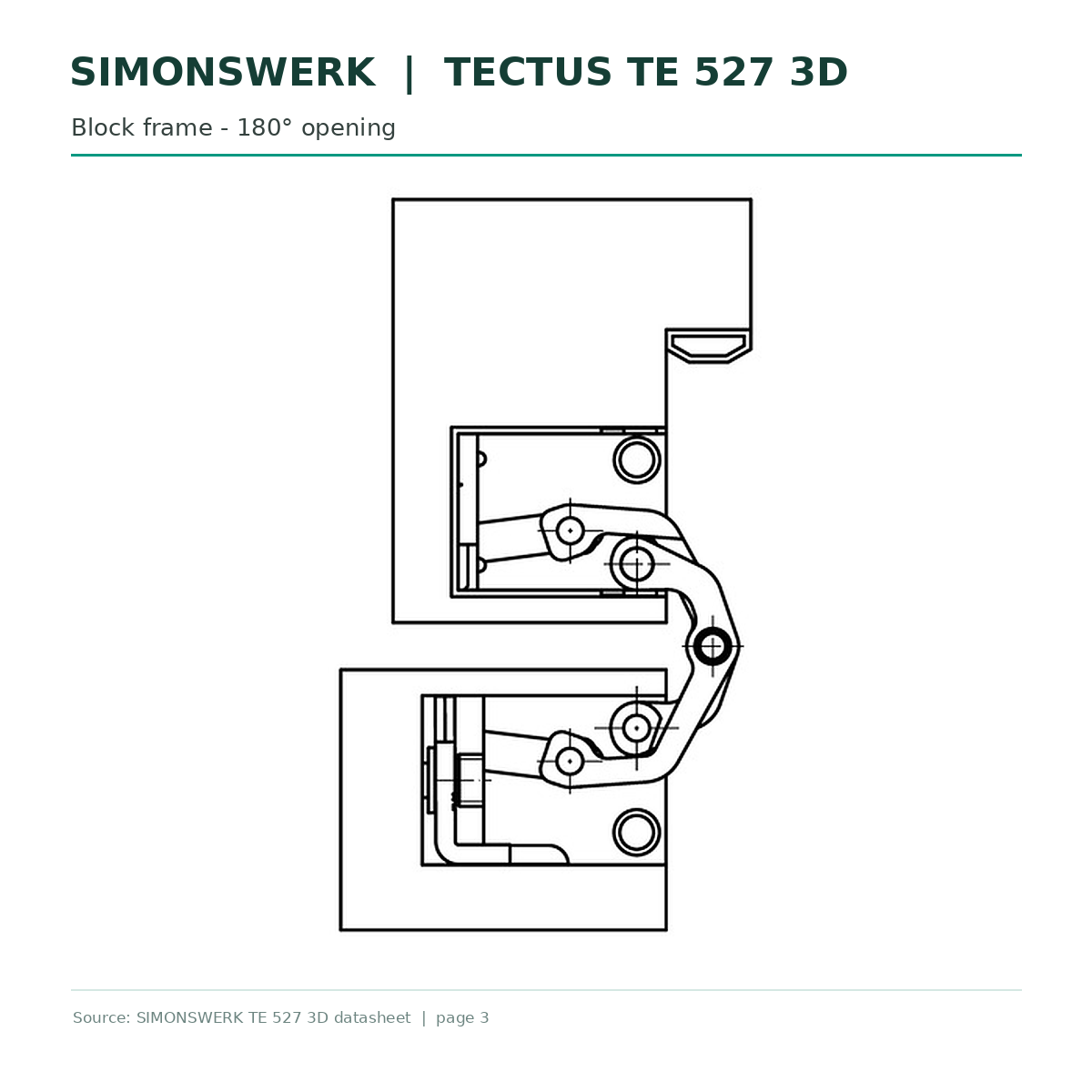 SIMONSWERK TECTUS TE527 3D concealed hinge - block-frame opening at 180 degrees technical drawing | Hart Wholesale