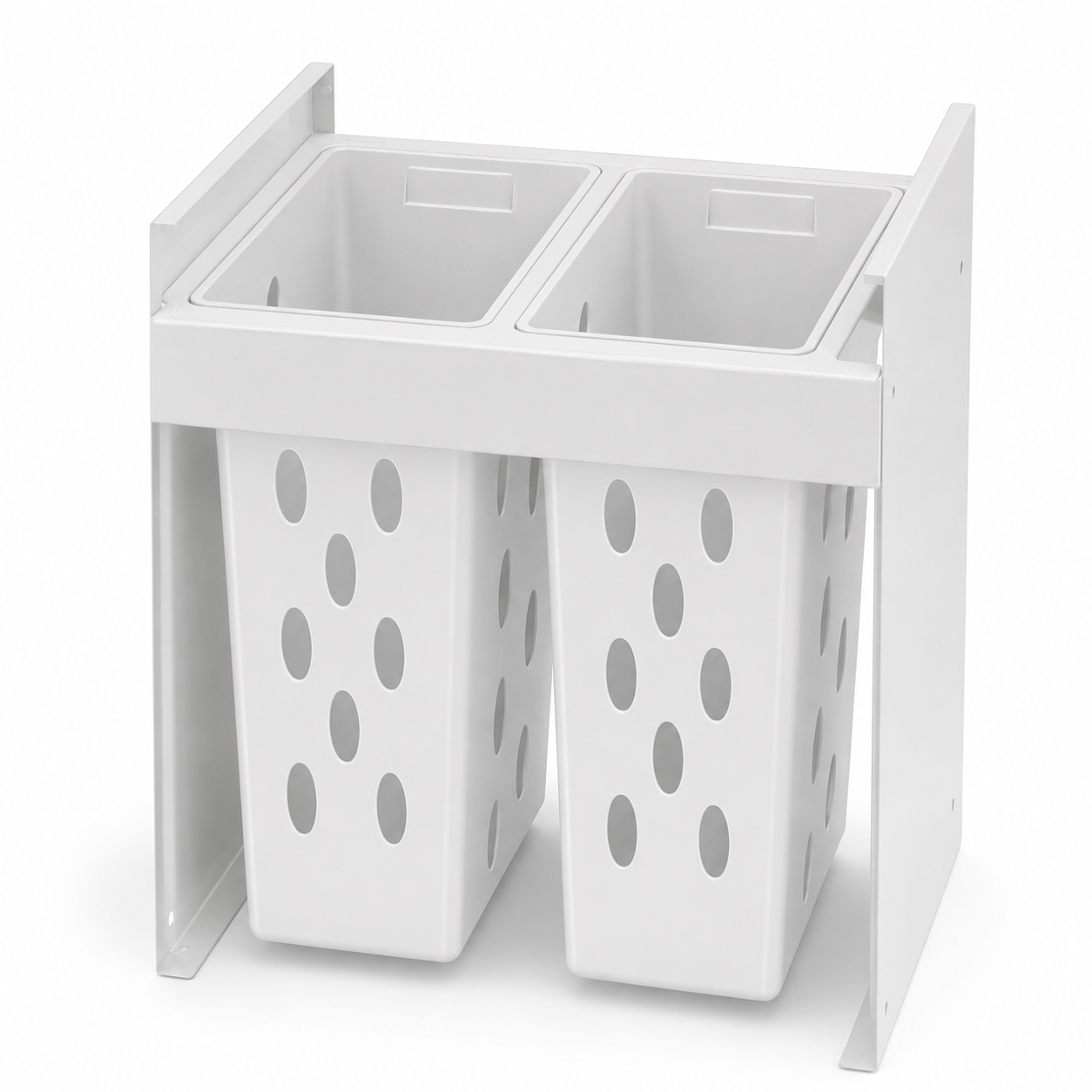 Wesco Pullboy Z 80L laundry system with two ventilated 40L white baskets for 500mm Blum LEGRABOX drawer
A white dual-basket laundry hamper with a metal mounting frame, shown on a clean white background.