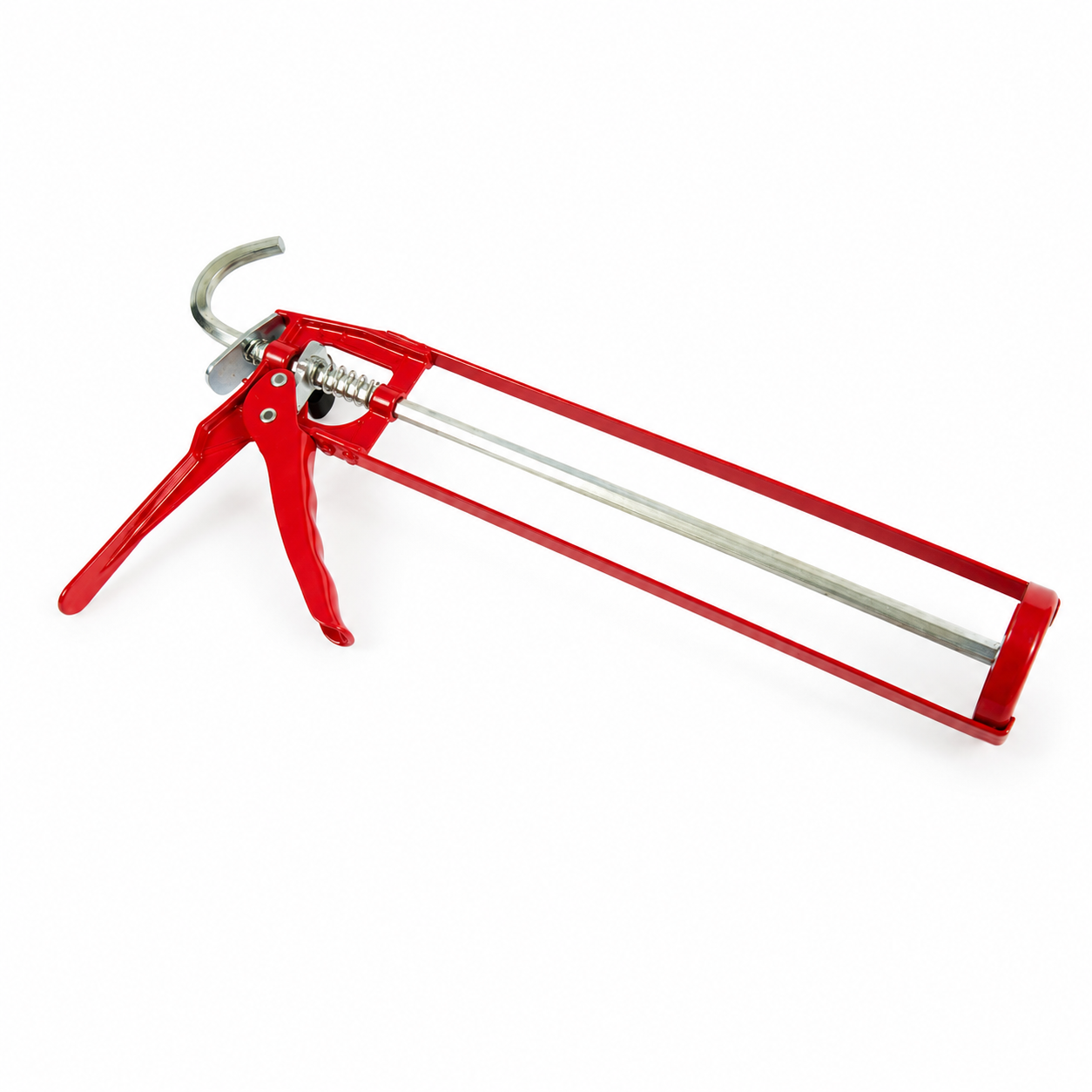 red skeleton caulking gun for sealant cartridges up to 400ml
A red caulking gun with a silver metal rod and lever, shown on a plain white background.