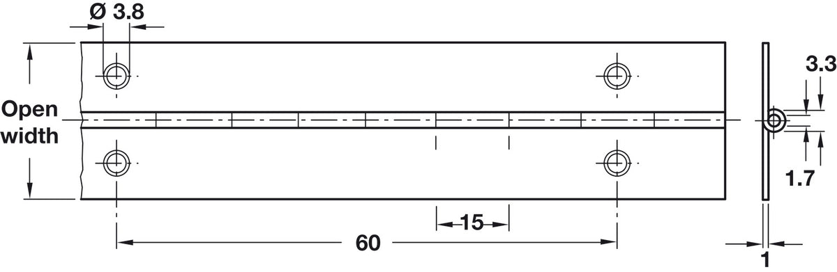 Black and white technical dimension drawing of a rectangular mounting plate with bolt holes, showing measurements including 60, 15, 3.8, 3. 1840–1850 × 32mm electro-brass plated steel piano hinge for furniture and cabinet applications