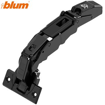 Blum 70T7550.TL CLIP top 155° zero-protrusion unsprung screw-on overlay hinge in Onyx Black
A black metal blind door hinge with a mounting plate, shown on a plain white background with the Blum logo in the top-left corner.