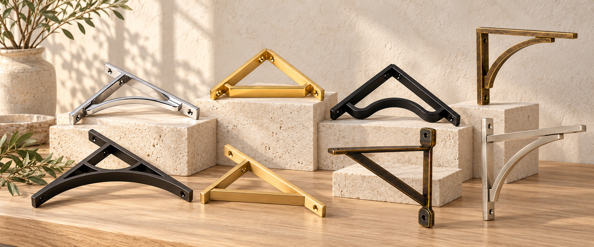 Eight shelf bracket designs in mixed finishes displayed on oak and stone blocks.