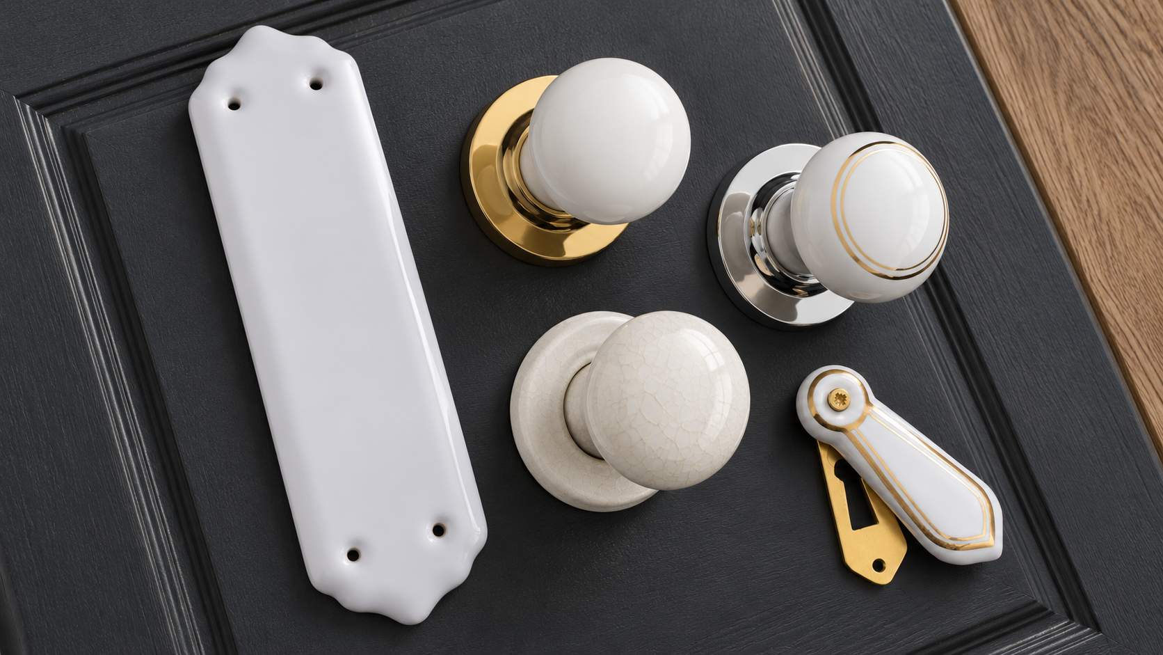 White porcelain fingerplate, plain and gold-line door knobs, crackle-glaze knob and covered escutcheon on charcoal timber
