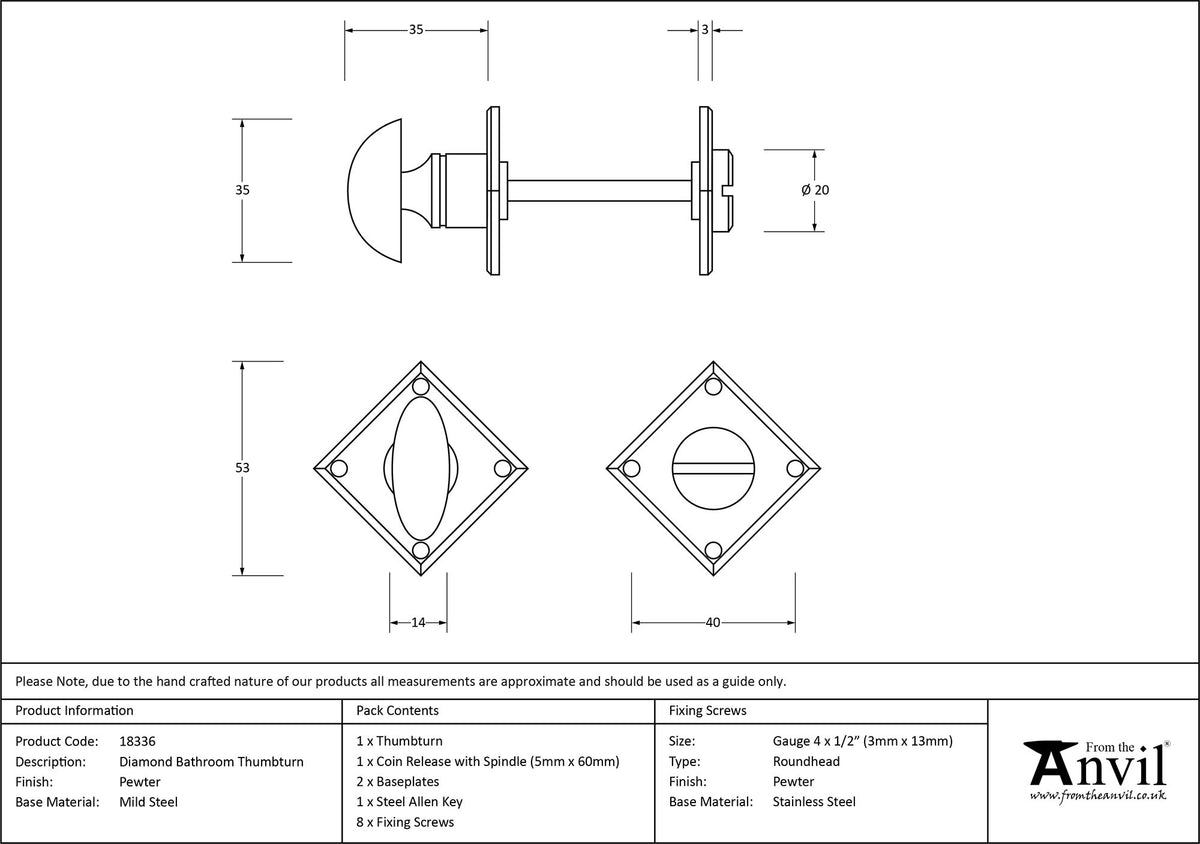 THUMBTURN SET DIAMOND 40x40x35 PEW - 18336 by MARCHES (ANVIL) ARCHITECTURAL HARDWARE