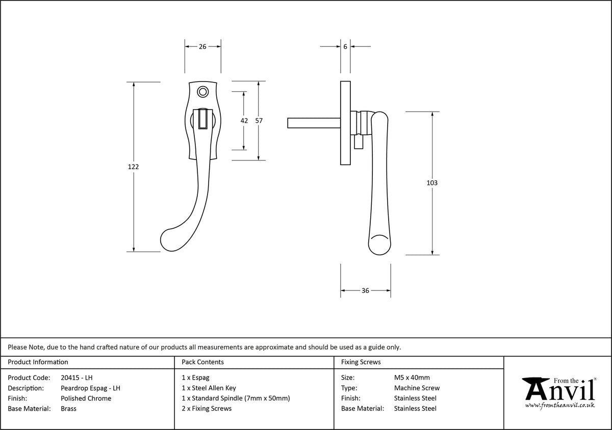 PEARDROP ESPAGNOLETTE LH 122x26x36 PCP - 20415L by MARCHES (ANVIL) ARCHITECTURAL HARDWARE