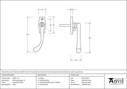 PEARDROP ESPAGNOLETTE LH 122x26x36 PCP - 20415L by MARCHES (ANVIL) ARCHITECTURAL HARDWARE