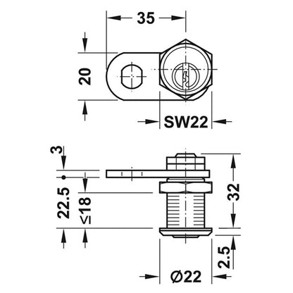 CYL CAM LOCK 15 90deg LEFT RAN BR/PNP