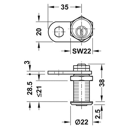 CYL CAM LOCK 21 90deg LEFT H1 BR/PNP