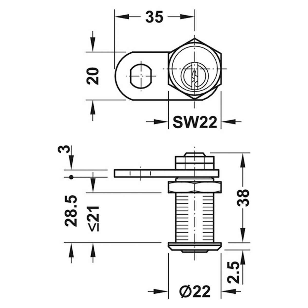 CYL CAM LOCK 21 90deg RIGHT H1 BR/PNP