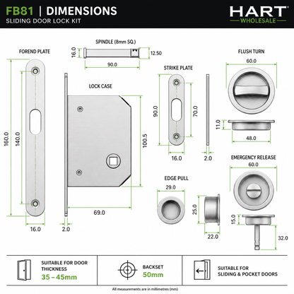F&B Sliding Door Lock 35-45mm Satin Chrome Plated SCP DFZ025F