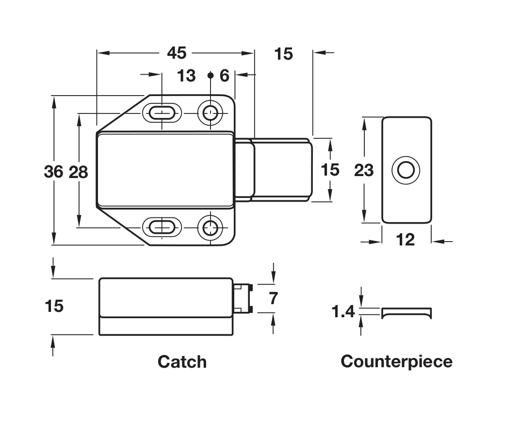 24561330 – 1.4kg Magnetic Push-to-Open Pressure Catch – Brown dimensional drawing in millimetres