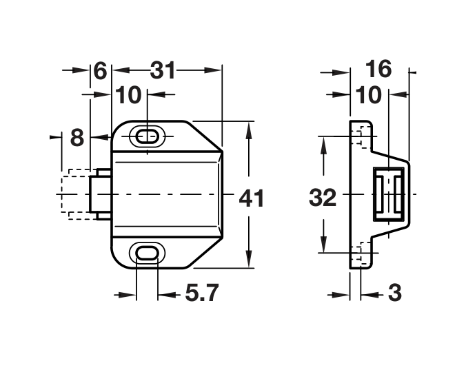24567310 – 1.8kg Magnetic Pressure Catch for Single Glass Doors – Black dimensional drawing in millimetres