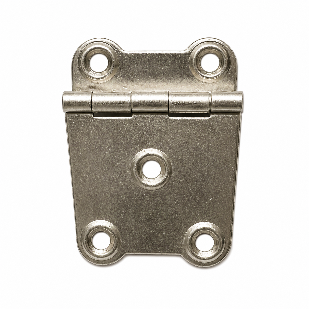 A single metal hinge with four mounting holes, shown on a plain white background. 50 × 33mm five-hole 8mm cranked flap hinge – HI1209
HI1209 50 × 33mm cranked flap hinge shown partially open with 8mm offset
Front view of HI1209 five-hole cranked flap hinge with 13mm and 35mm leaves