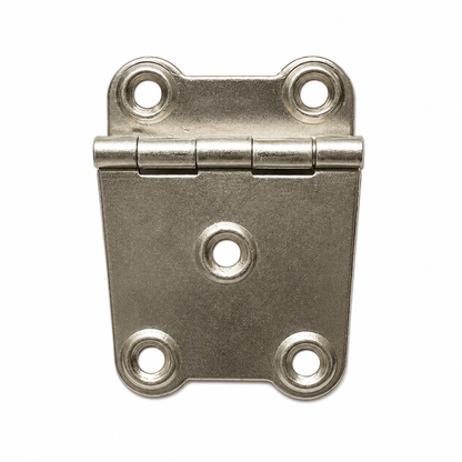 A single metal hinge with four mounting holes, shown on a plain white background. 50 × 33mm five-hole 8mm cranked flap hinge – HI1209
HI1209 50 × 33mm cranked flap hinge shown partially open with 8mm offset
Front view of HI1209 five-hole cranked flap hinge with 13mm and 35mm leaves