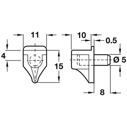 Shelf support pin dimension drawing showing front and side views
Technical dimension drawing of a small metal hardware component shown from two angles, with arrows and measurements including 11, 15, 10, 0.5, 8, and Ø5 on a white background.