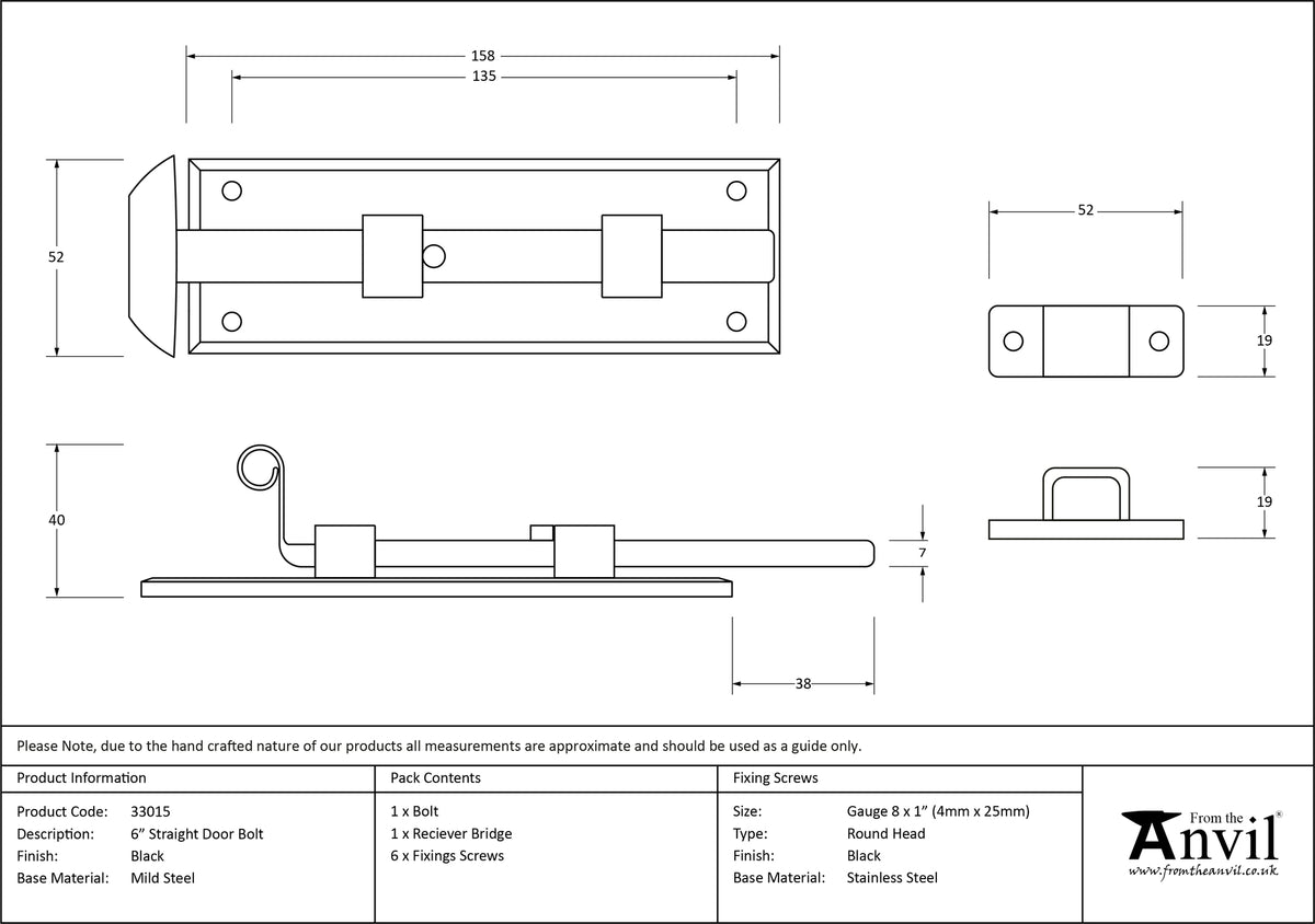 FISHTAIL BOLT STRAIGHT 158x52x40 BLK - 33015 by MARCHES (ANVIL) ARCHITECTURAL HARDWARE