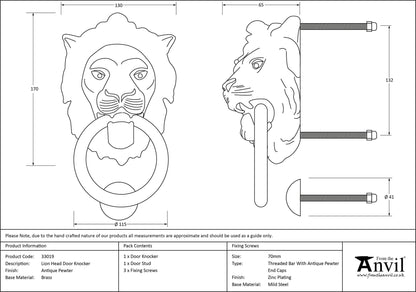 DOOR KNOCKER LION'S HEAD 170x130x65 APW - 33019 by MARCHES (ANVIL) ARCHITECTURAL HARDWARE