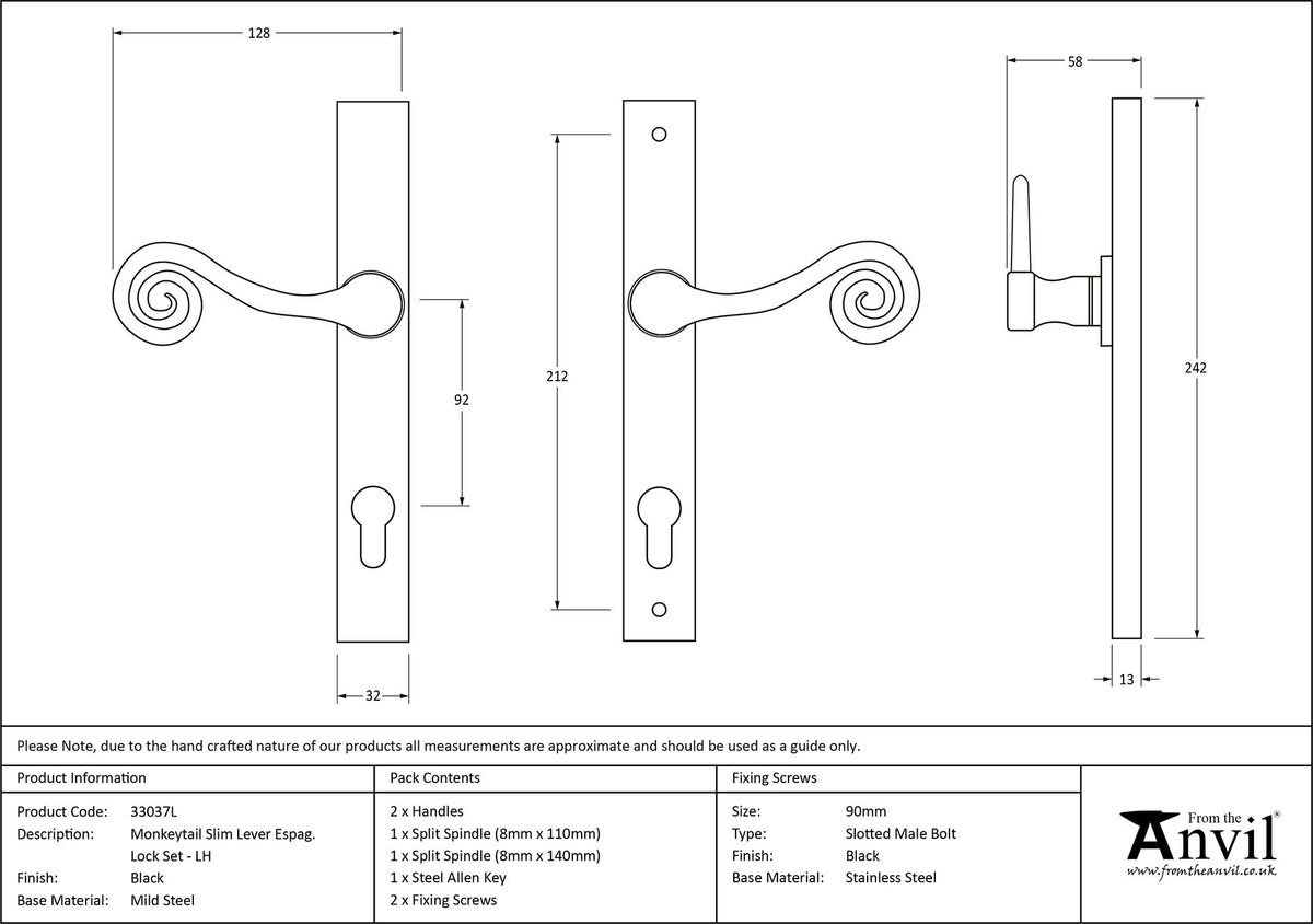 MONKEYTAIL SLIM LEVER ESPAGNOLETTE LOCK LH 128x242x58 BLK - 33037L by MARCHES (ANVIL) ARCHITECTURAL HARDWARE