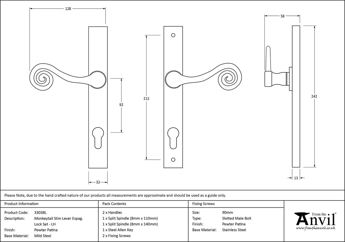 MONKEYTAIL SLIM LEVER ESPAGNOLETTE LOCK LH 128x242x58 PEW - 33038L by MARCHES (ANVIL) ARCHITECTURAL HARDWARE