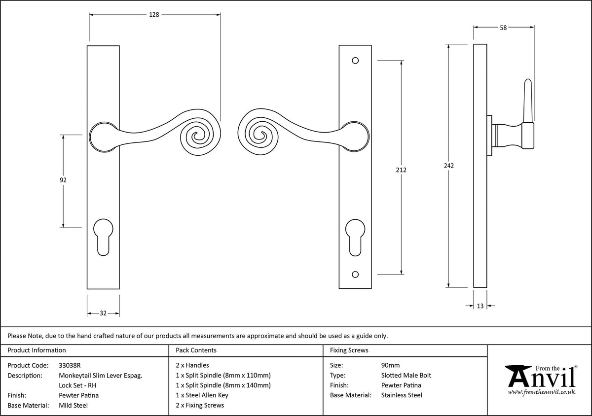 MONKEYTAIL SLIM LEVER ESPAGNOLETTE LOCK RH 128x242x58 PEW - 33038R by MARCHES (ANVIL) ARCHITECTURAL HARDWARE