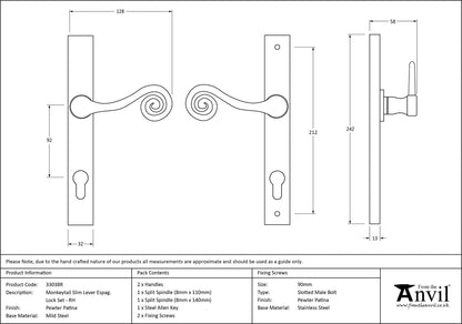 MONKEYTAIL SLIM LEVER ESPAGNOLETTE LOCK RH 128x242x58 PEW - 33038R by MARCHES (ANVIL) ARCHITECTURAL HARDWARE