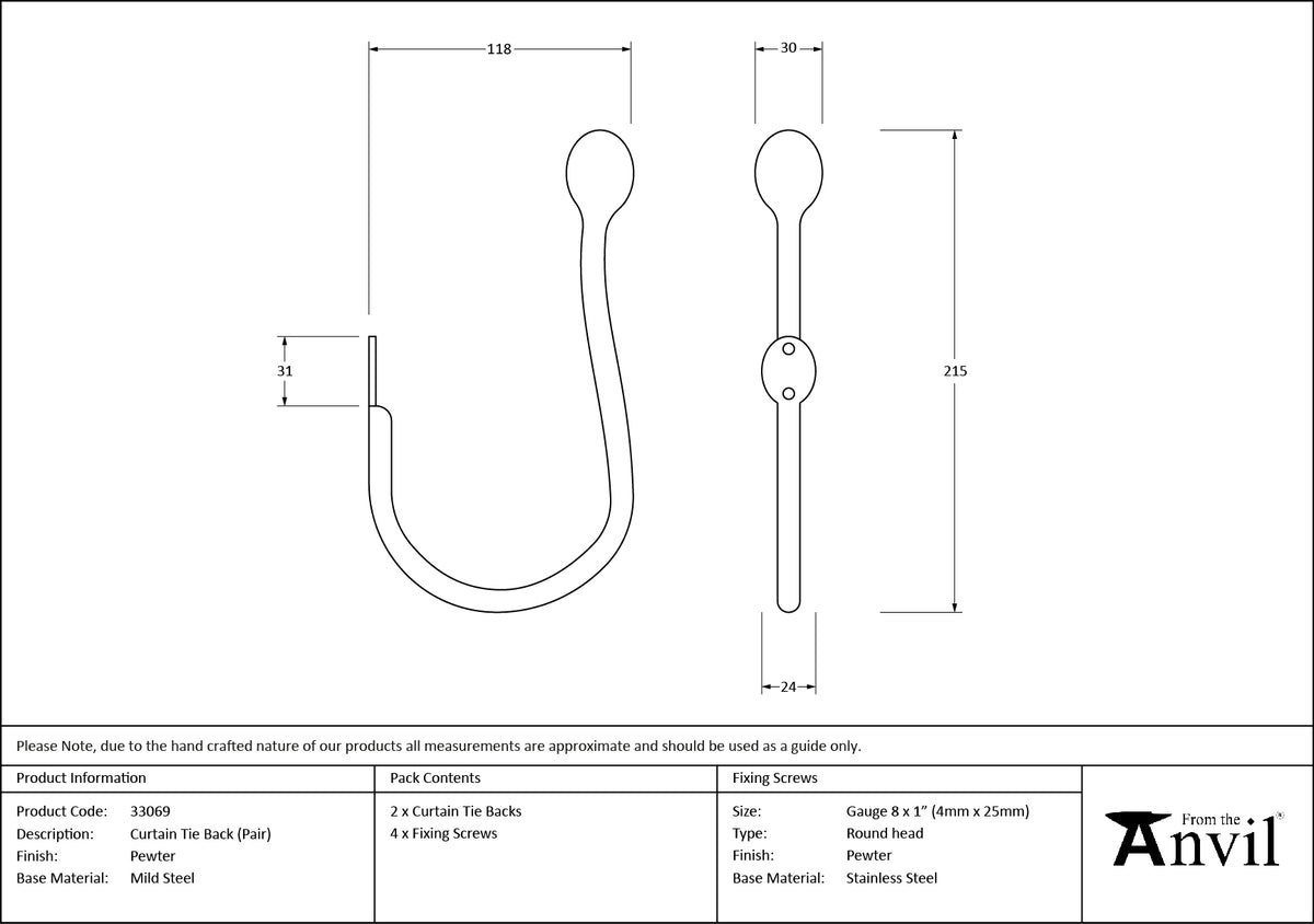 CURTAIN TIE BACK PR 118x215x30 PEW - 33069 by MARCHES (ANVIL) ARCHITECTURAL HARDWARE